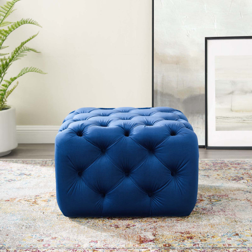Tufted Accent Chair Ottoman, Square, Velvet, Blue Navy, Modern, Lounge