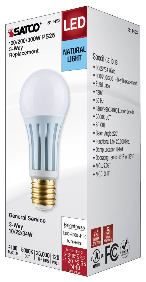 10/22/34W PS25 LED Three-Way Lamp, E39d Mogul Base, 5000K, White Finish, 120