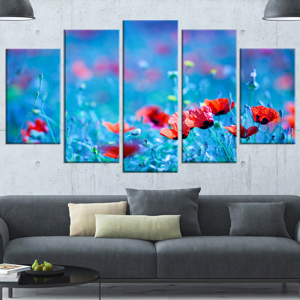 Poppy Flowers Field At Night, Floral Canvas Art Print, 60"x32", 5 Panels