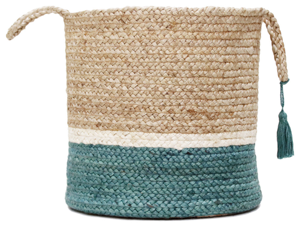 Teal and Natural Jute Color Block Storage Basket with Handles
