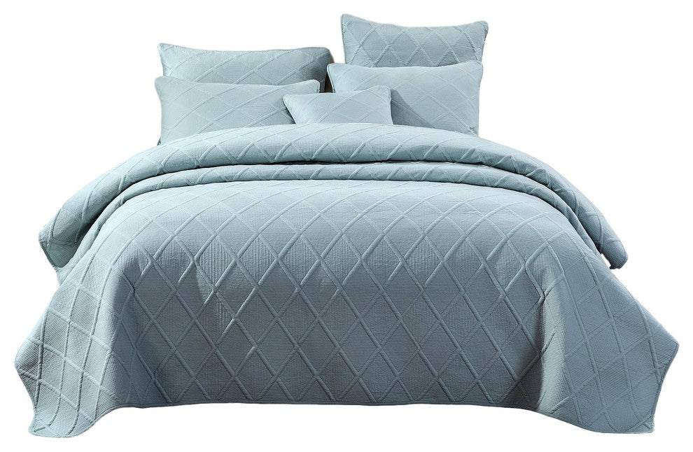 Seafoam Blue Diamond Pastel Cotton Bedspread Set, Queen