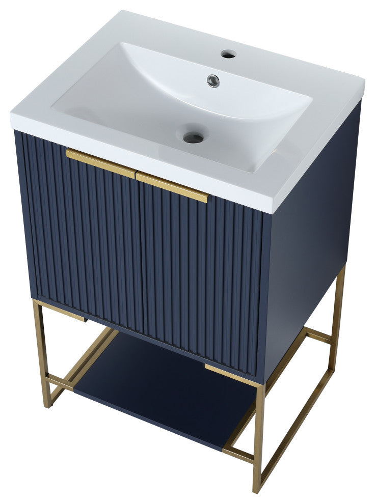 Plywood Freestanding Bathroom Vanity Set with White Ceramic Sink , Navy Blue, 24