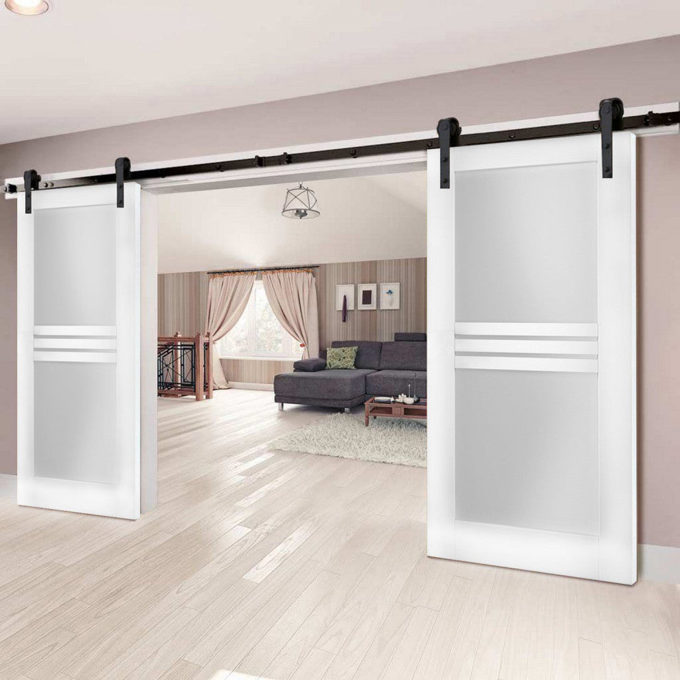 Double Barn Doors Opaque Glass 4 Lites / Mela 7222 White Silk / 13FT Rail, 64" X 96" ( 2* 32x96)