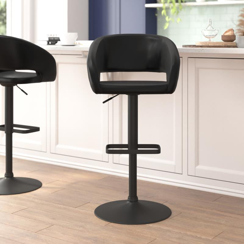 Erik Contemporary Vinyl Adjustable Height Barstool with Rounded Mid-Back, Black
