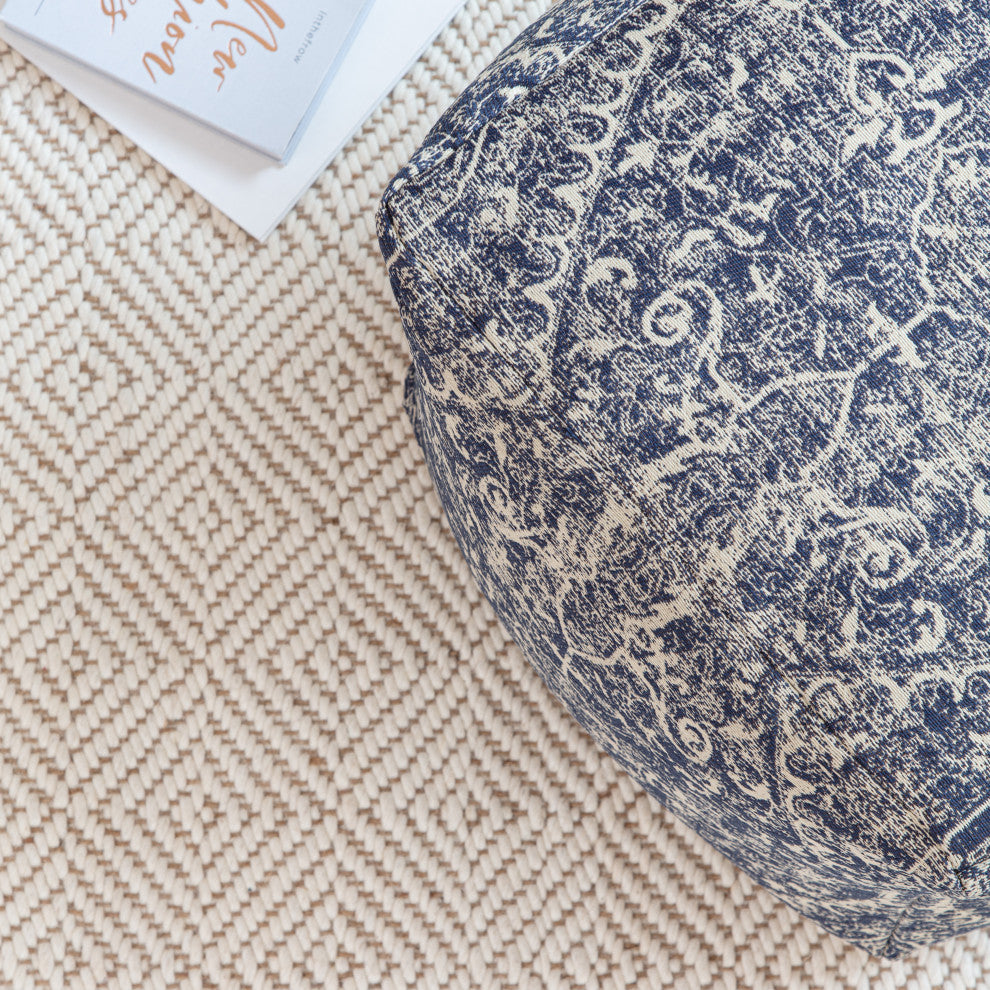 Hanalei 20" x 20" x 20" Blue and Ivory Pouf
