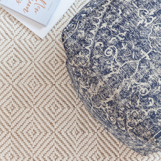 Hanalei 20" x 20" x 20" Blue and Ivory Pouf