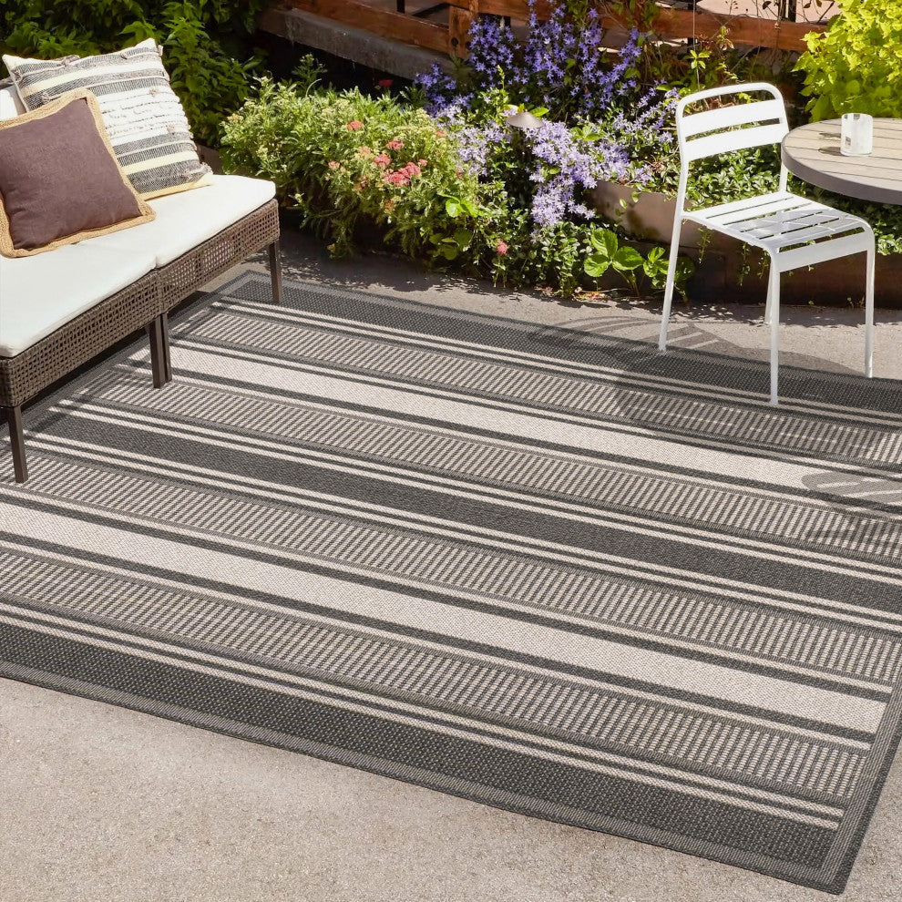 Haynes Modern Double Stripe Indoor/Outdoor Area Rug, Black/Cream, 8x10