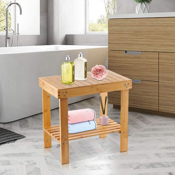 Bamboo Rectangle Deluxe Spa Bench Seat 17" With Shelf Shower Bathroom and More