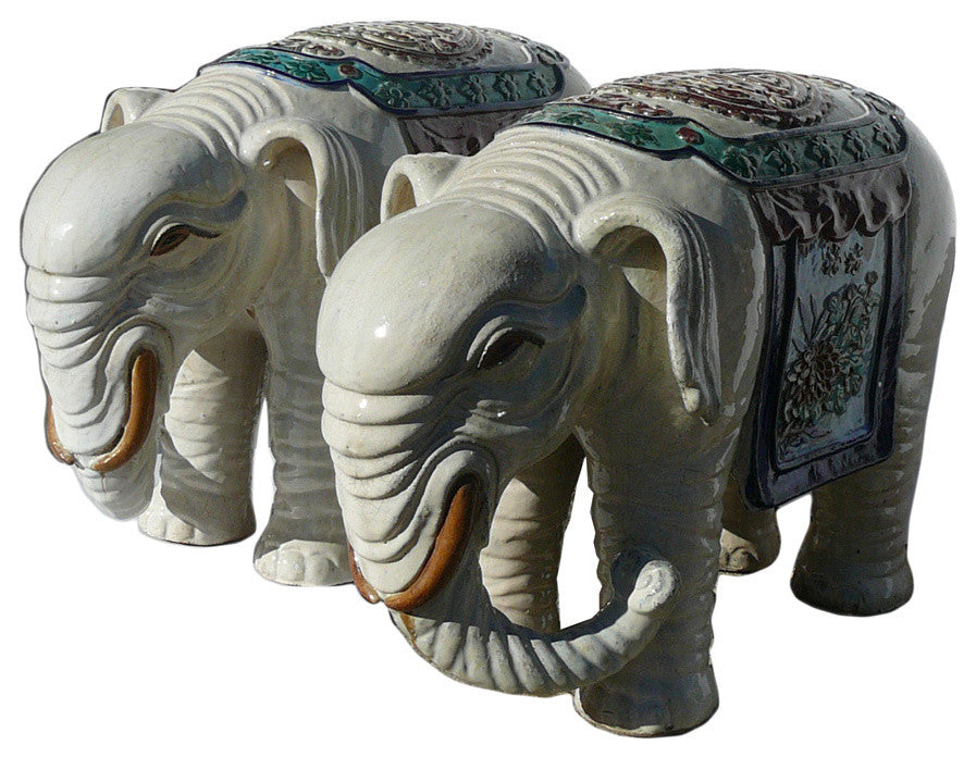 Chinese Ceramic Off White Oriental Elephant Figures Hcs1155, 2-Piece Set