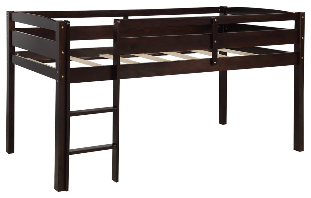 Gewnee Wood Twin Low Loft Bed with Ladder in Espresso