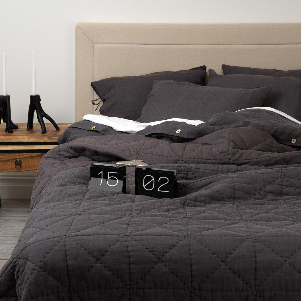 Linen and Cotton Square Quilt, Grey, Twin