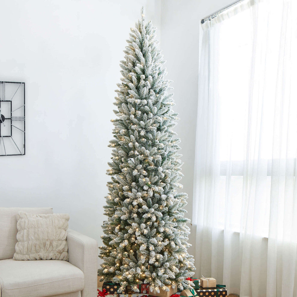 11' Pre-Lit Flocked Pencil Fir Artificial Christmas Tree with 950 White Light