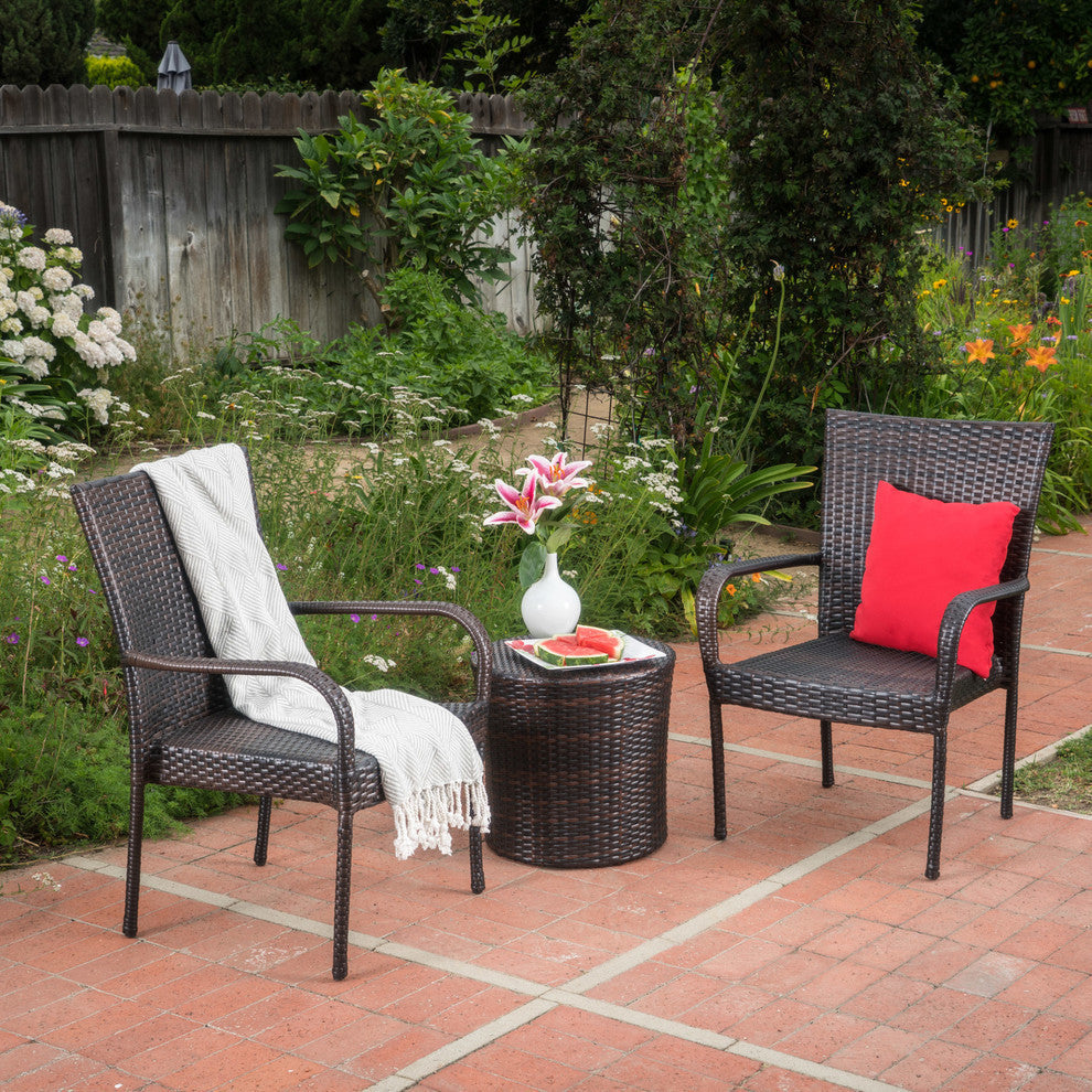 GDF Studio Charleston Outdoor 3-Piece Brown Wicker Stacking Chair Chat Set