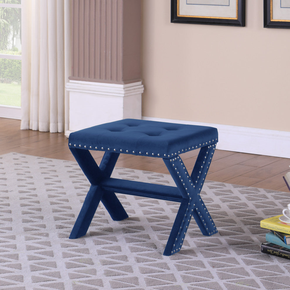 Seward Velvet Accent Bench With Silver Nail Heads, Navy Blue