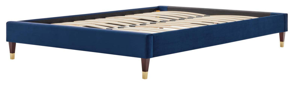 Platform Bed Frame, King Size, Velvet, Blue Navy, Modern Contemporary, Bedroom