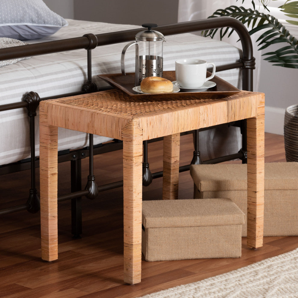 Abelia Modern Bohemian Natural Rattan and Mahogany Wood Short Accent Bench