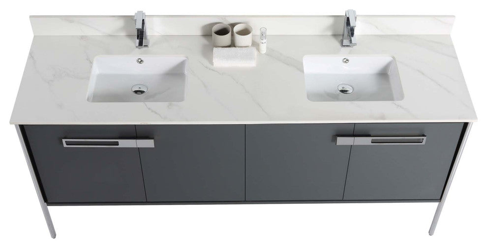 Oakville Bath Vanity, Ceramic Sink, Onix Grey, 72 Inch, Chrome Hardware