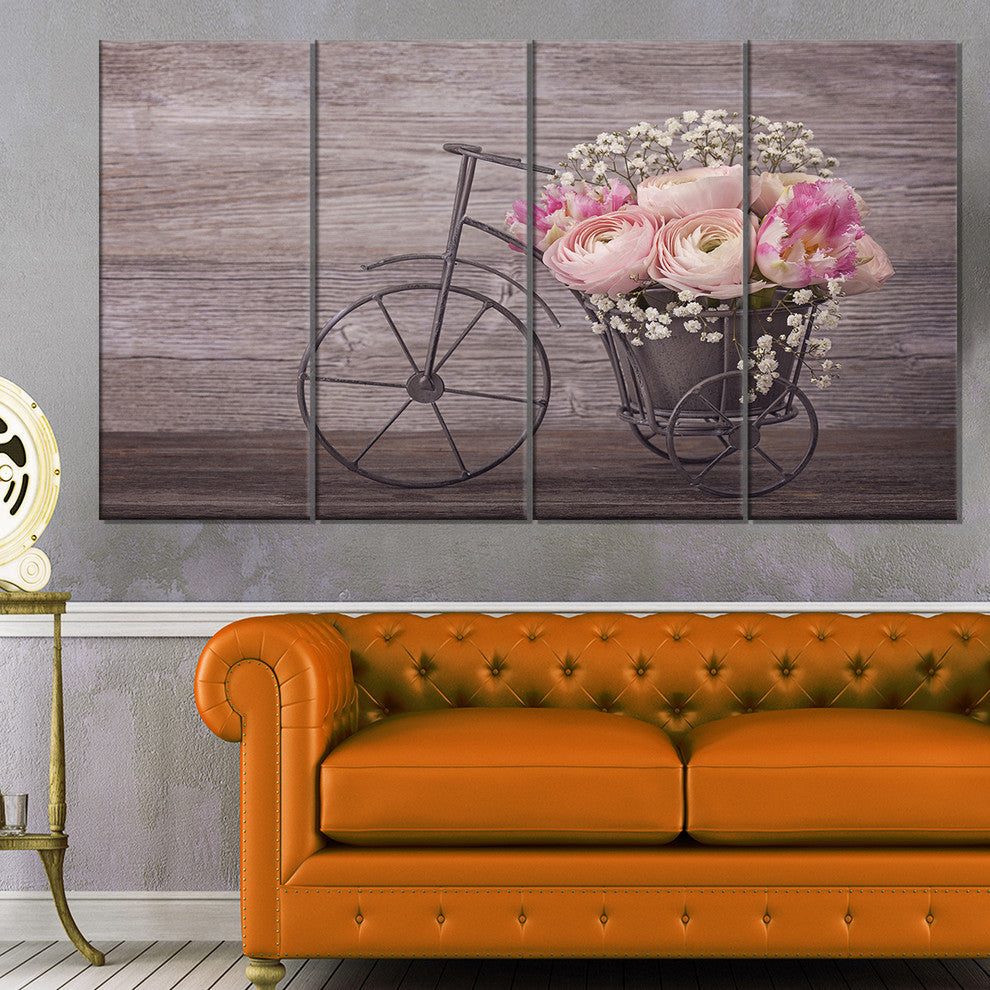 Ranunculus Flowers on Bicycle, Floral Canvas Art Print, 48"x28", 4 Panels