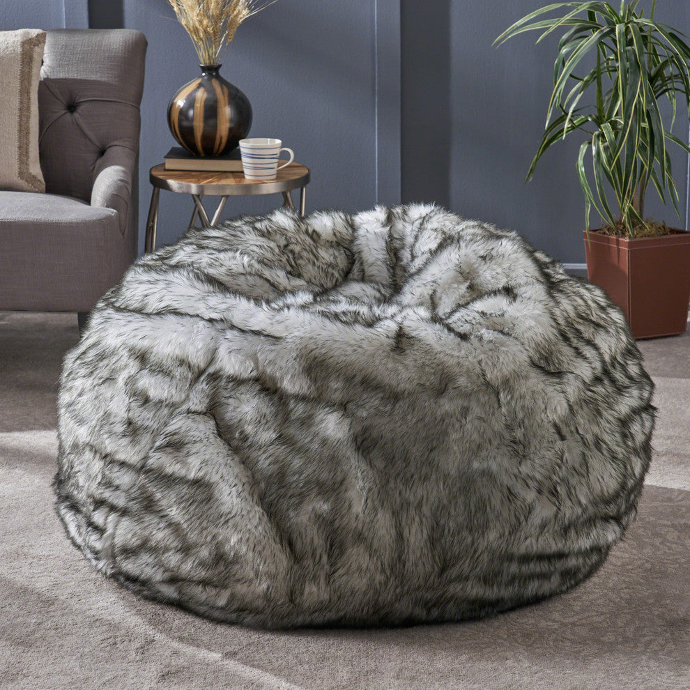 GDF Studio Laraine Furry Glam White and Gray Streak Faux Fur 3' Bean Bag