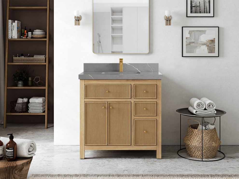 Sonoma Teak 36 Center Sink Vanity in Light  Natural with 2" Piatra Gray Quartz