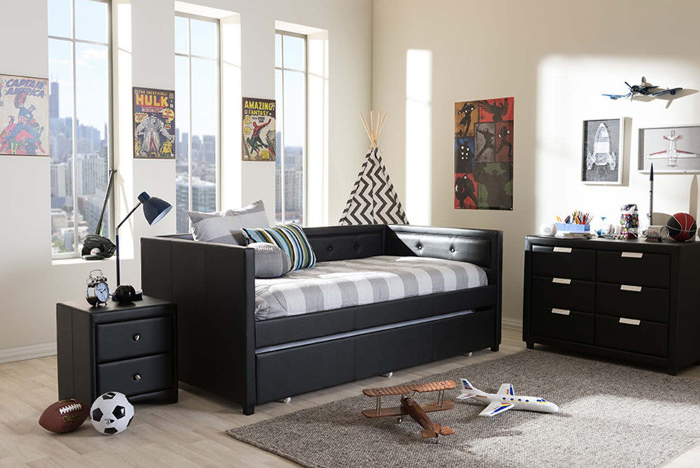 Marlee Faux Leather Button-Tufting Sofa Twin Daybed With Trundle Bed, Black