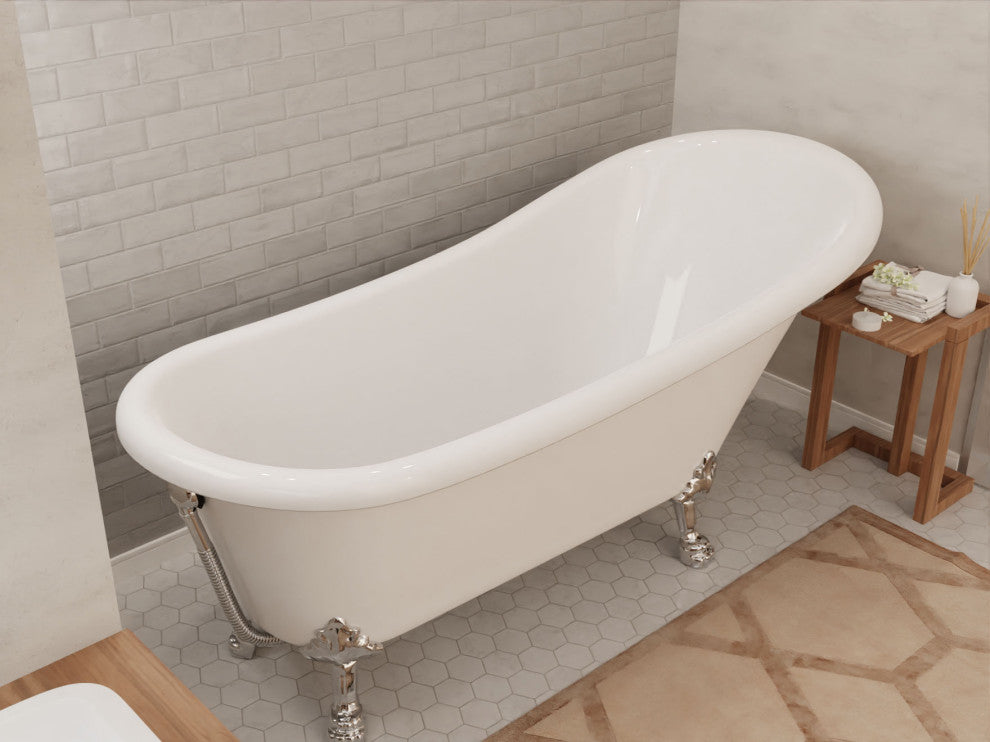 ANZZI Diamante 67.32" White Acrylic Slipper Claw Foot Tub, Lion's Paw Feet