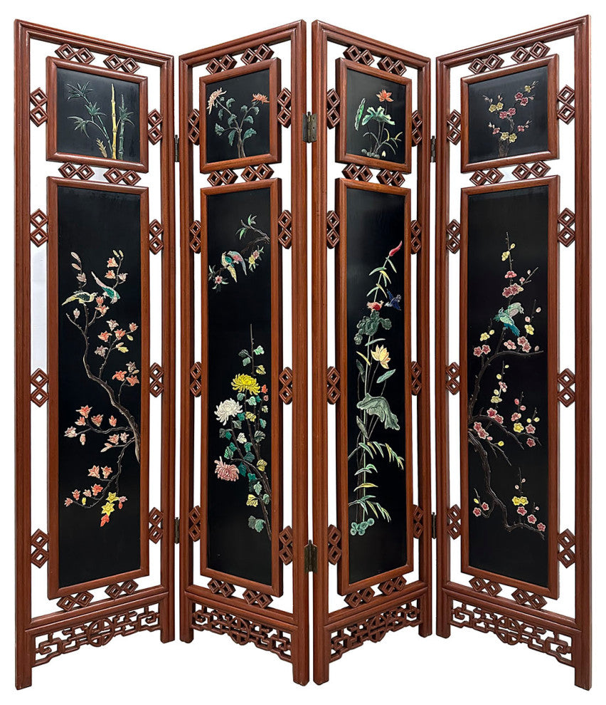 Consigned Vintage Chinese Folding Screen/Room Divider With Soapstone Inlay