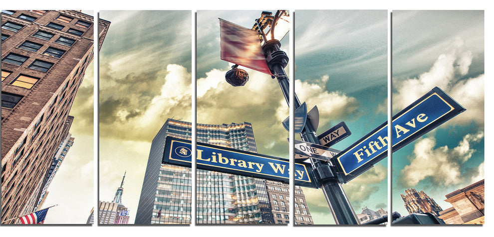Library Way and 5th Avenue Street Signs, Cityscape Canvas Art, 60"x28", 5 Panels
