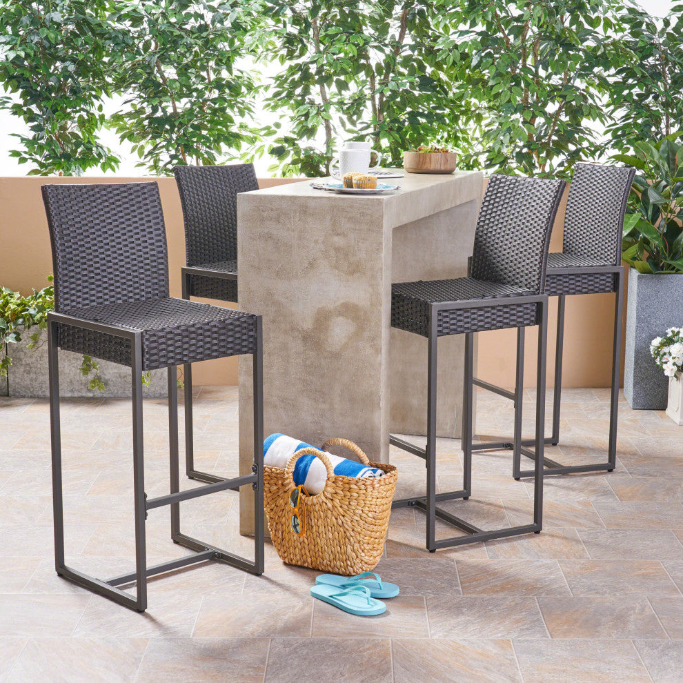GDF Studio Kelly Outdoor Wicker 30" Barstool, Dark Brown, Set of 4