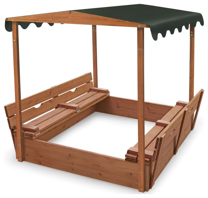 Covered Convertible Cedar Sandbox With Canopy And Two Bench Seats