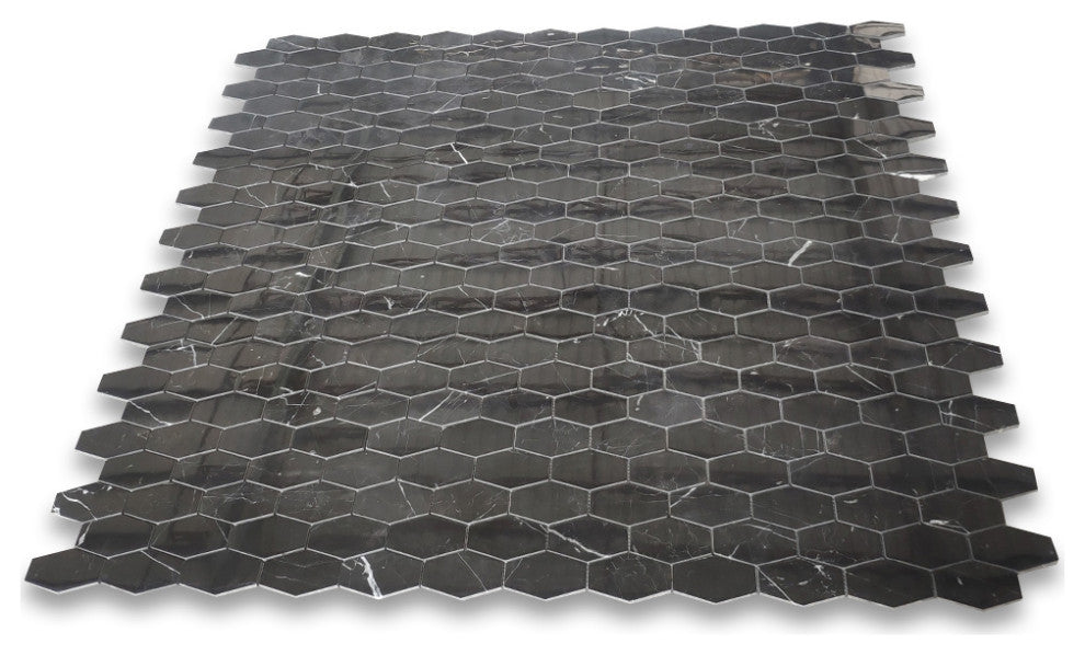 Nero Marquina Black Marble Elongated Hexagon Mosaic Tile Polished, 1 sheet