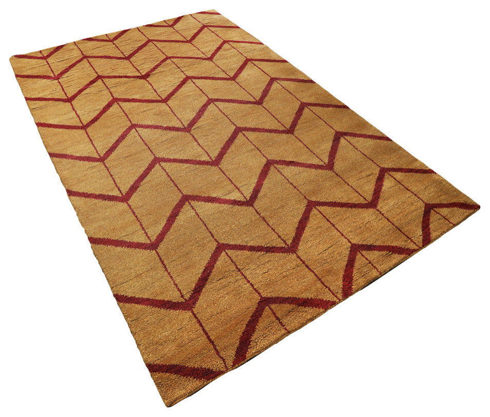 Hand Knotted Wool Area Rug Geometric Gold Red