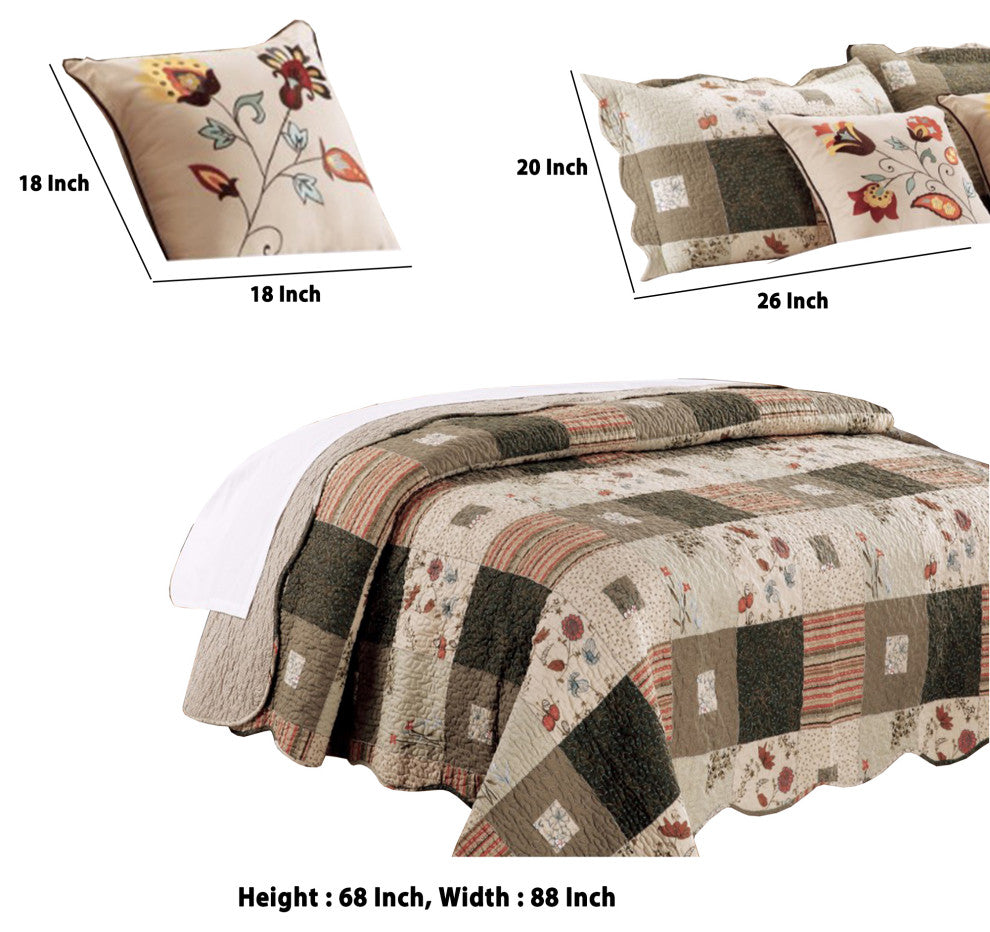 Benzara BM102056 4 Piece Twin Quilt Set, Floral Print/Scalloped Edges, Brown