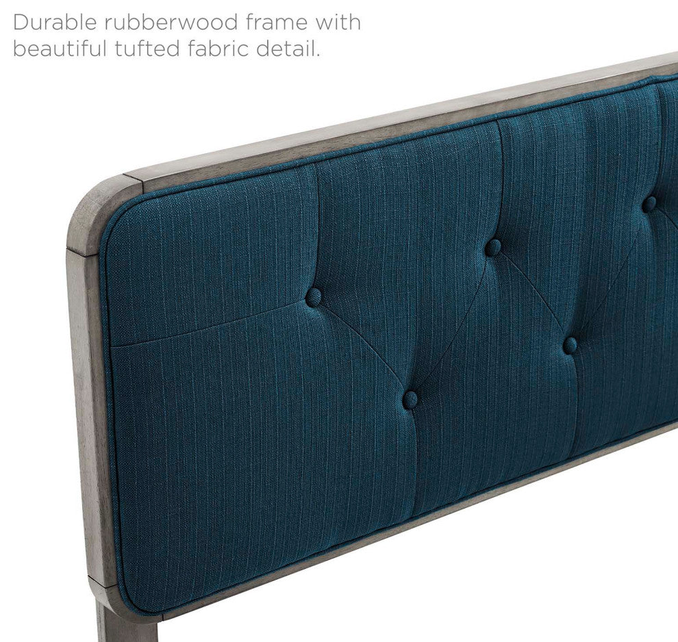 Platform Bed Frame, Queen Size, Fabric, Wood, Gray Navy Blue, Modern