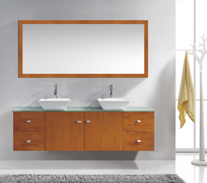 Clarissa 72" Double Bathroom Vanity Set, Honey Oak, Aqua Tempered Glass Countert