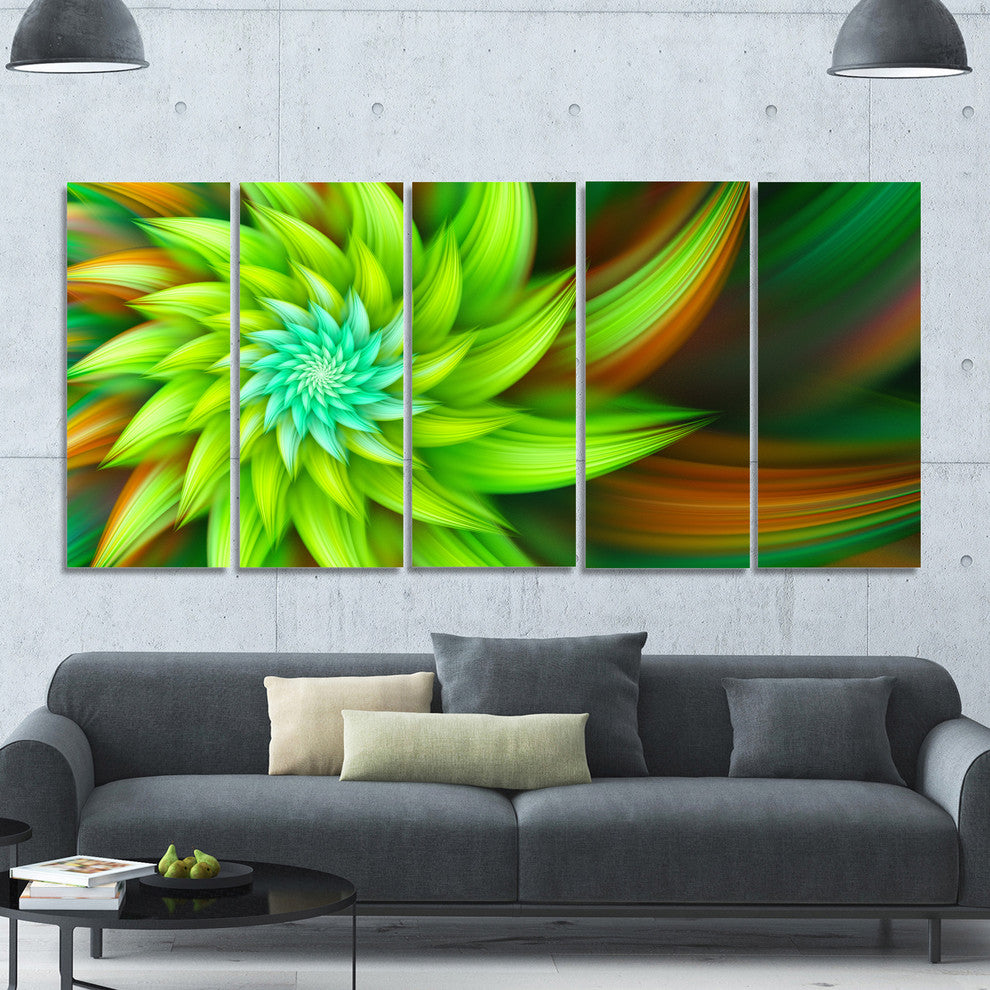 Huge Clear Green Fractal Flower, Floral Canvas Art Print, 60"x28", 5 Panels