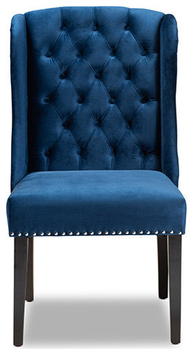Cassondrah Contemporary Glam Velvet Wingback Dining Chair, Navy Blue/Dark Brown