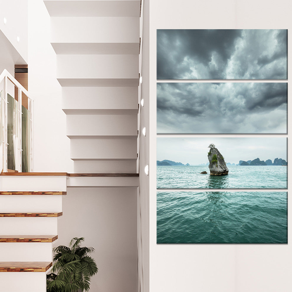 Island Rock in Halong Bay Vietnam, Seashore Canvas Print, 28"x48", 4 Panels