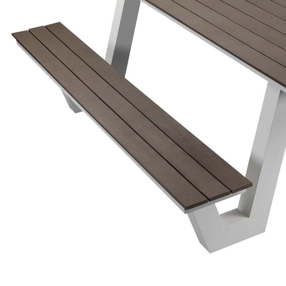 Benzara BM287776 Picnic Table, Smooth Gray Polyresin Slats, Aluminum Frame