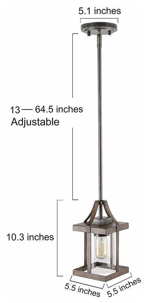 LALUZ 1-Light Antique Brown Wood and Clear Glass Mini Lantern Pendant Lighting