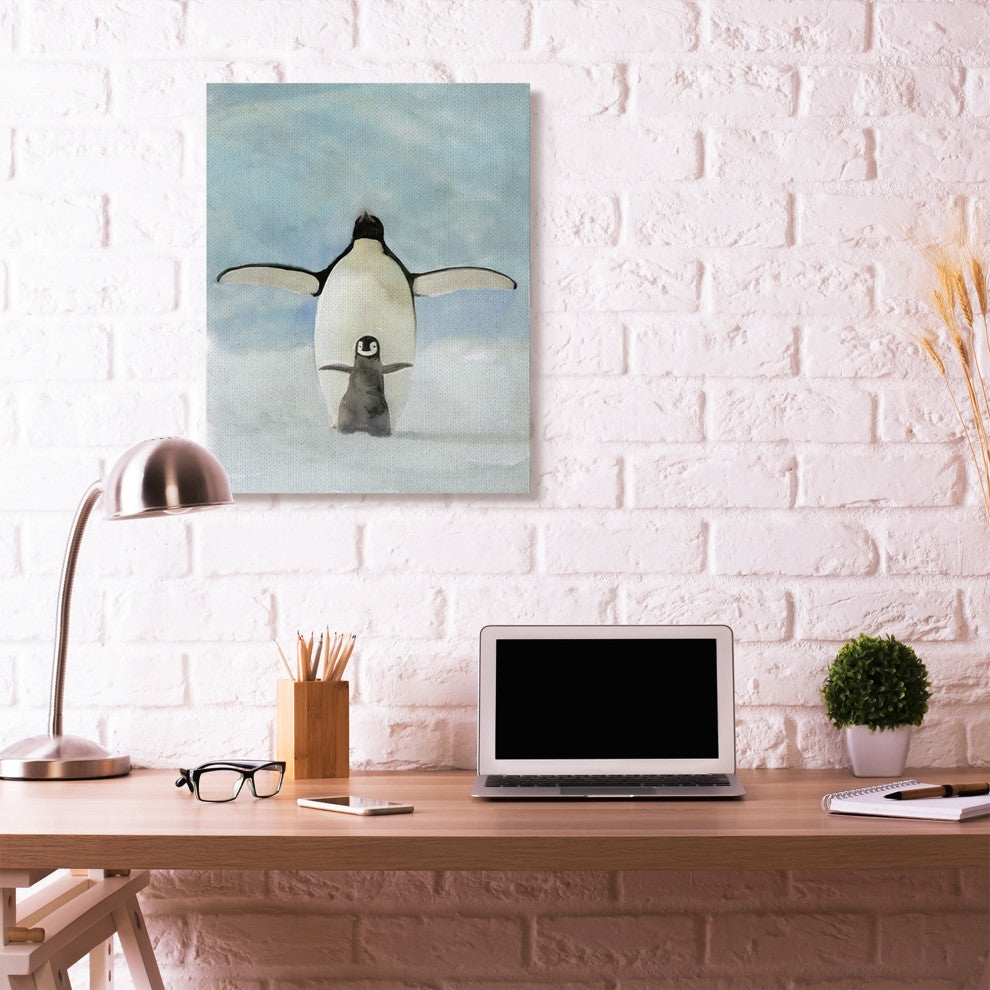 Penguin Family Blue Watercolor Animal Painting, 30"x40"