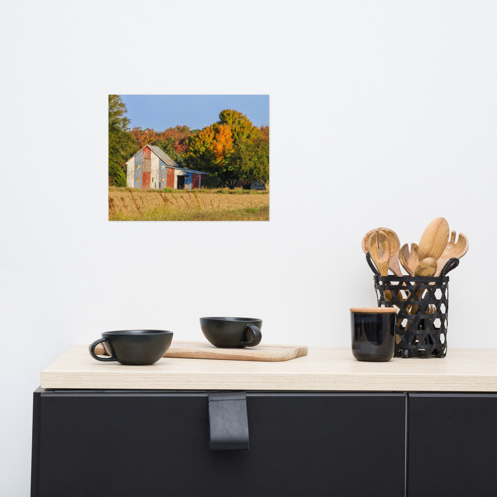 Patriotic Barn in Field Landscape Photo, Rural Unframed Wall Art Print, 11" X 14"