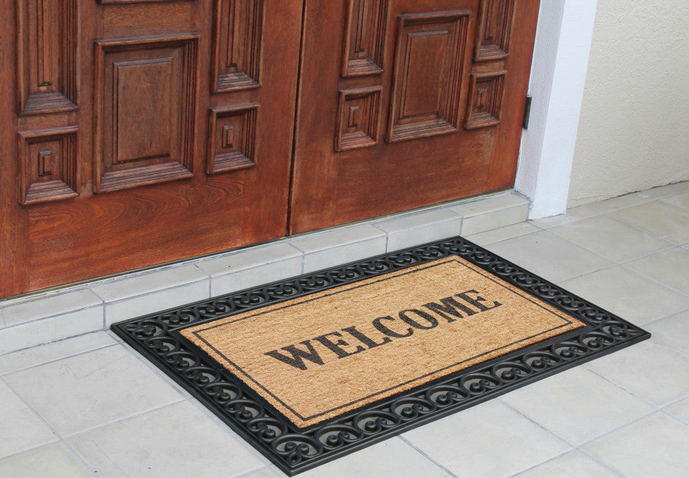 A1HC Rubber and Coir Welcome Paisley Border Double Door Doormat 30"x48", Black