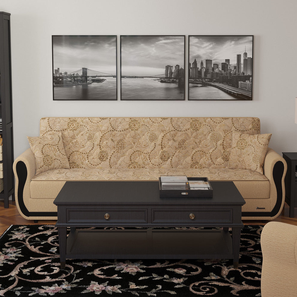 Modern Sleeper Sofa, Chenille Seat With Floral Pattern & Round Arms, Beige