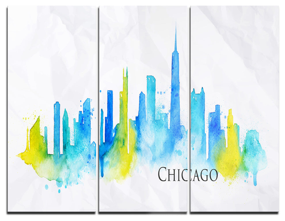 "Chicago Blue Green Silhouette ? Cityscape" Metal Wall Art, 3 Panels, 36"x28"
