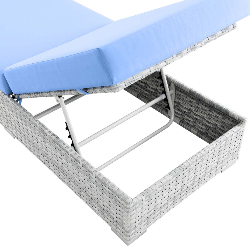 Lounge Chair Chaise, Rattan, Wicker, Gray Blue, Modern, Outdoor Patio Cafe