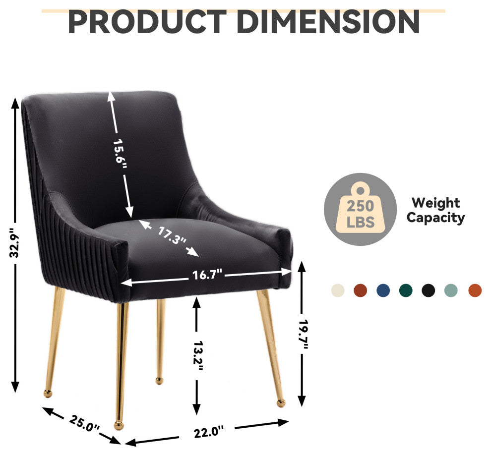 Glam Pleated Velvet Dining Chair Set of 2, Tufted Side Accent Kitchen Chair, Black