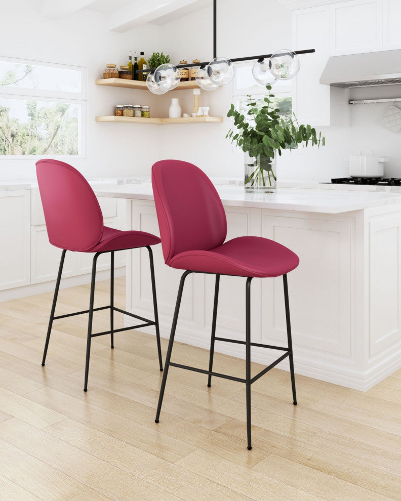 Counter Stool Chair, Steel Metal, Fabric, Red, Black, Bar Kitchen Cafe Bistro