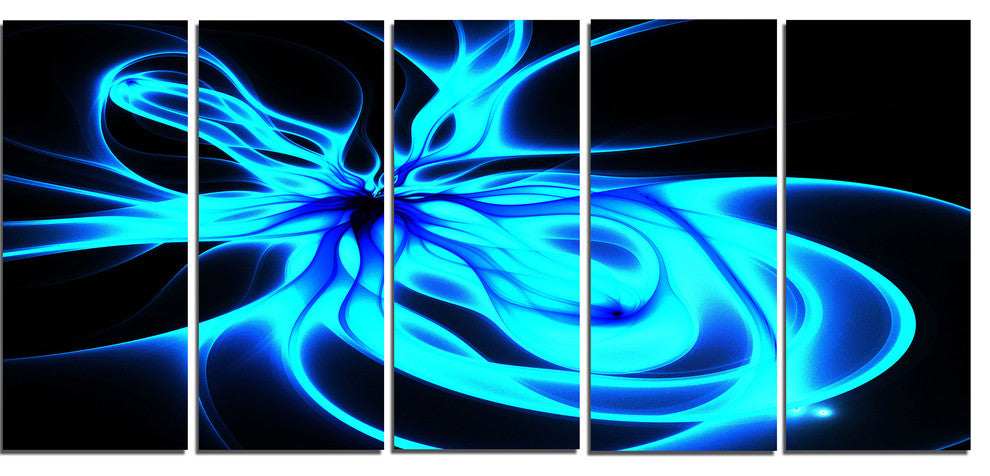 Glowing Blue Symmetrical Flower, Abstract Canvas Art Print, 60"x28", 5 Panels