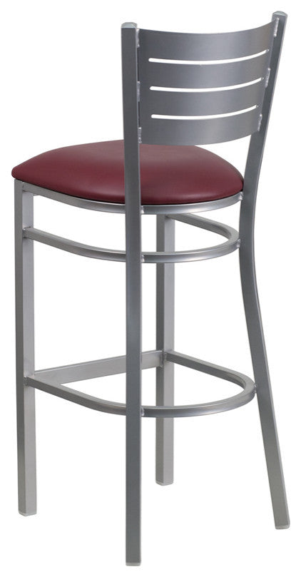 Silver Slat Back Metal Restaurant Barstool, Burgundy Vinyl Seat